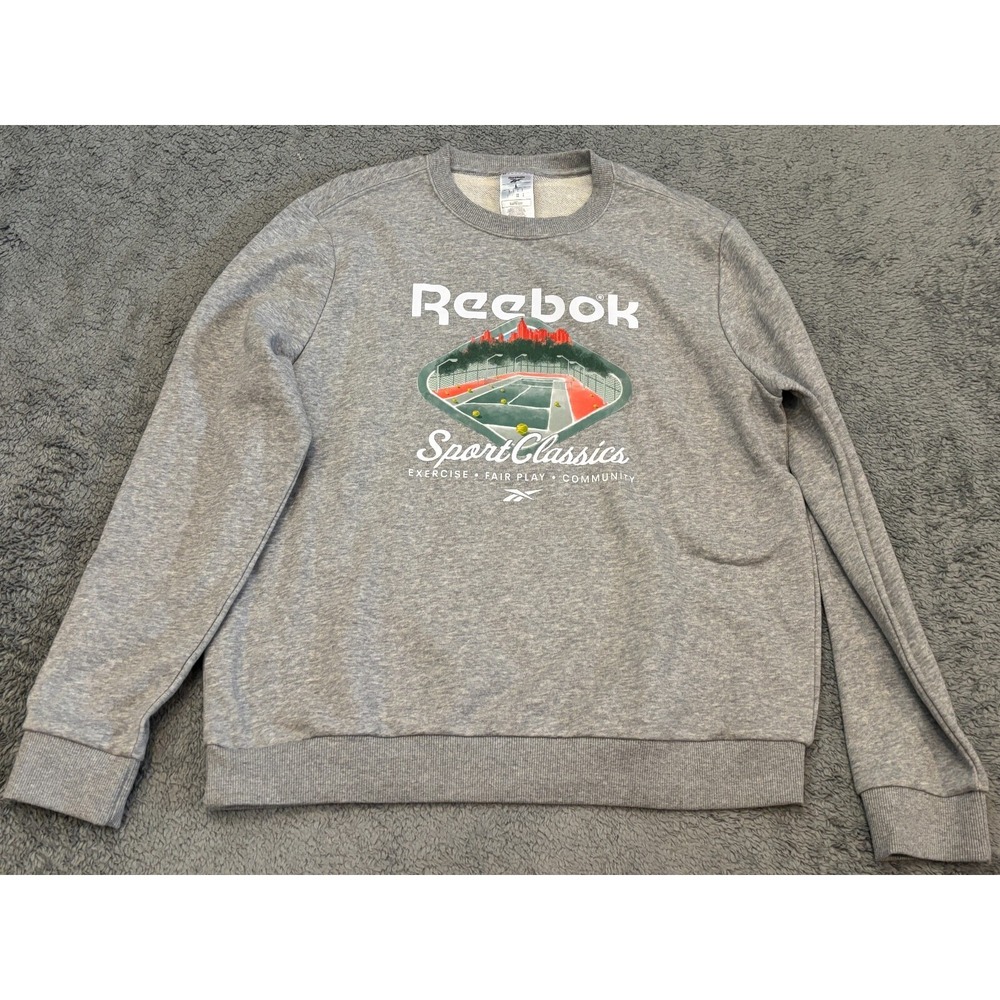 Reebok Sweatshirt Mens Large Gray Crewneck Sport Classics Tennis Graphic Print